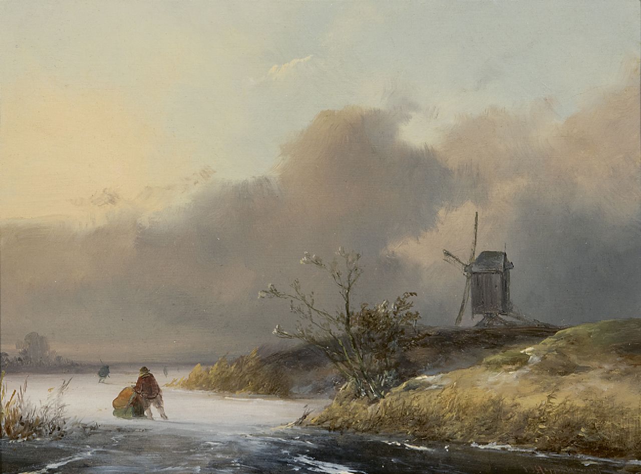 Hoppenbrouwers J.F.  | Johannes Franciscus Hoppenbrouwers, Skaters in a winter landscape, oil on panel 18.9 x 24.9 cm, signed l.r. and dated '49