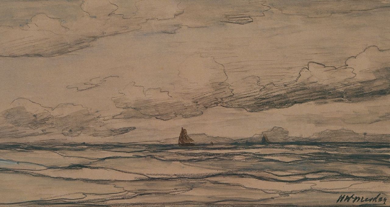Mesdag H.W.  | Hendrik Willem Mesdag, Fishing vessels at sea, black chalk on paper 18.0 x 34.2 cm, signed l.r.