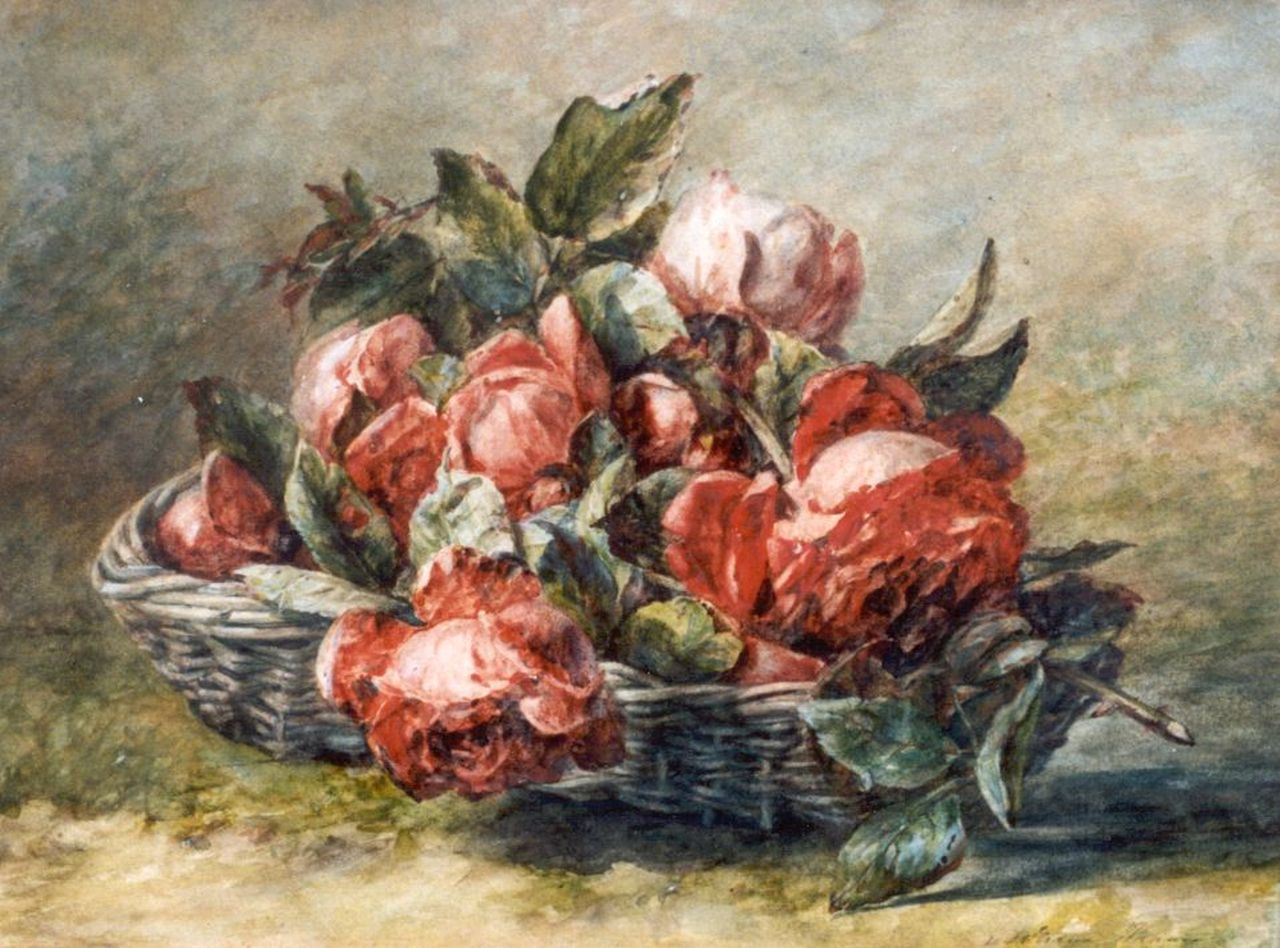 Haanen A.J.  | Adriana Johanna Haanen, Red roses in a basket, watercolour on paper 29.0 x 38.0 cm, signed l.r. and dated 1893