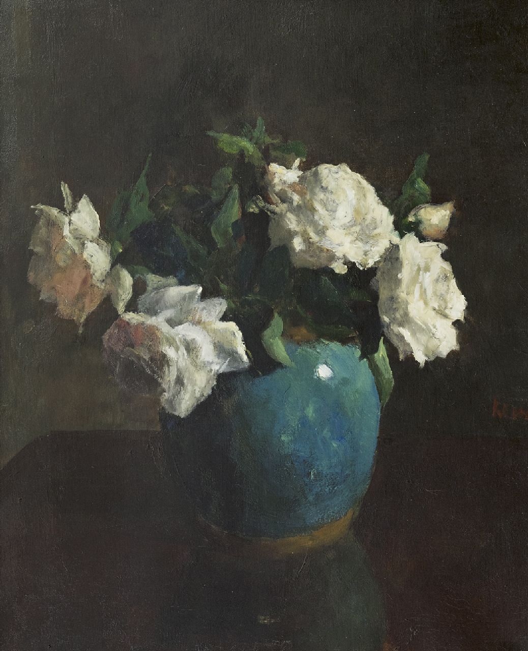 Kever J.S.H.  | Jacob Simon Hendrik 'Hein' Kever, White roses in a blue vase, oil on canvas 53.5 x 43.7 cm, signed c.r.