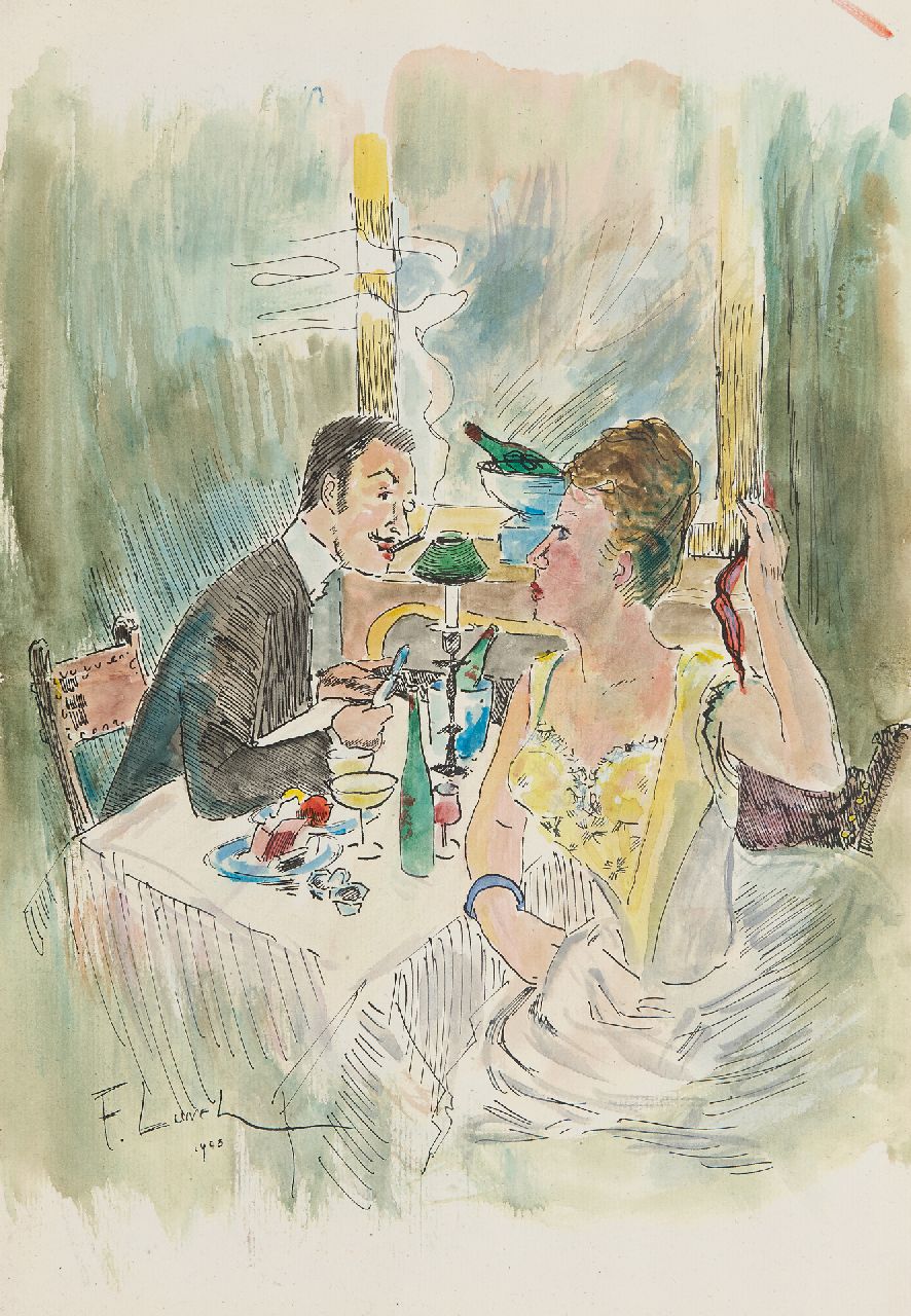 Lunel F.  | Ferdinand Lunel, After dinner, watercolour on paper 35.5 x 24.8 cm, signed l.l. and dated 1903