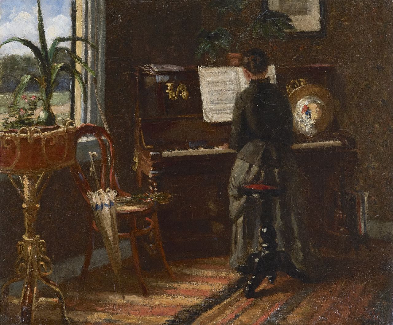 Geerlings J.H.  | Jacob Hendrik Geerlings, At the piano, oil on canvas 37.6 x 45.3 cm, signed l.r. with initials