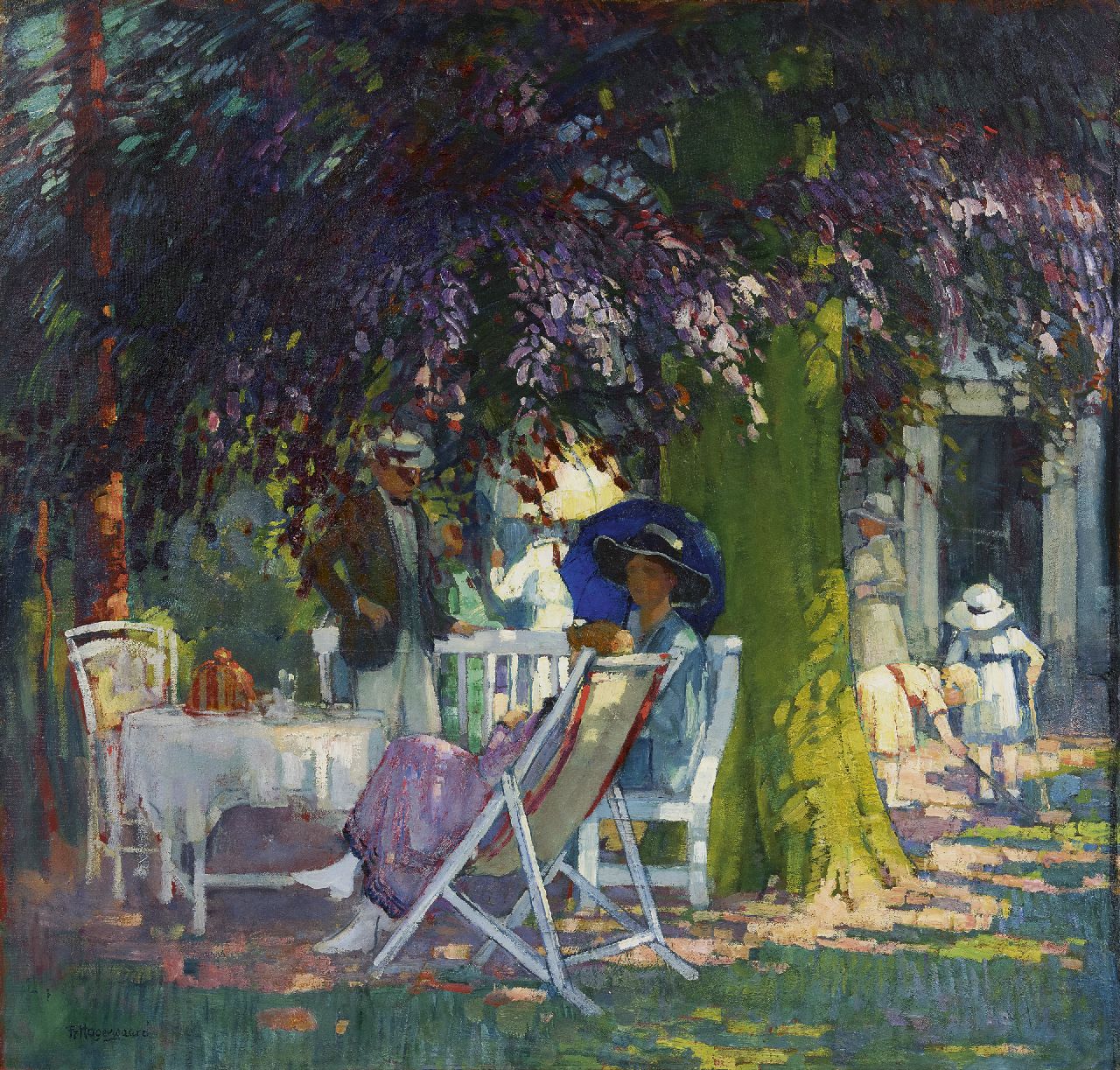 Hogerwaard F.  | François 'Frans' Hogerwaard, Tea party under the Copper Beech, oil on canvas 84.4 x 88.2 cm, signed l.l. and painted ca. 1915