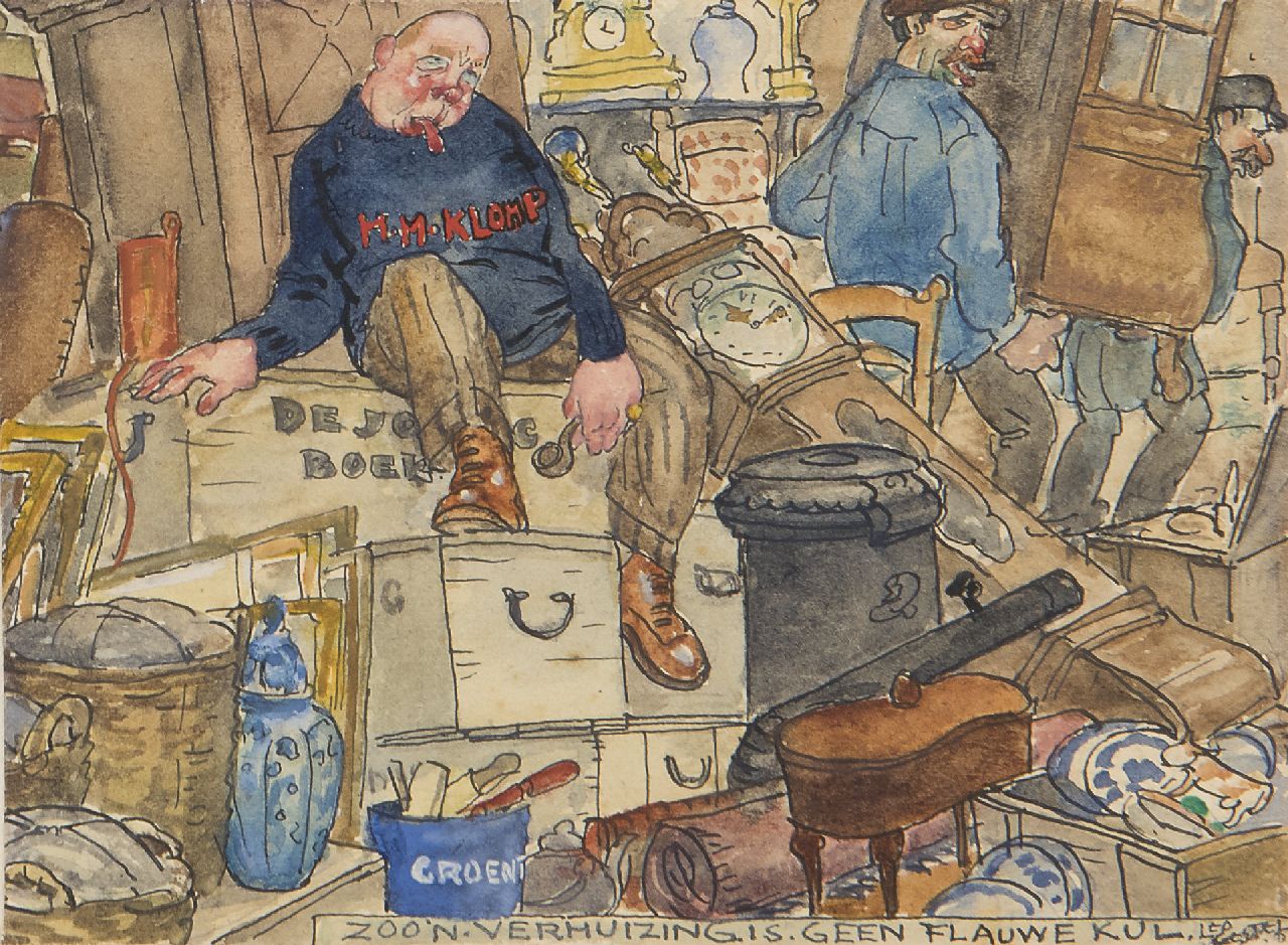 Gestel L.  | Leendert 'Leo' Gestel, The art collector Piet Boendermaker moving to Bergen, ink and watercolour on paper 9.0 x 11.8 cm, signed l.r. and painted ca. 1918