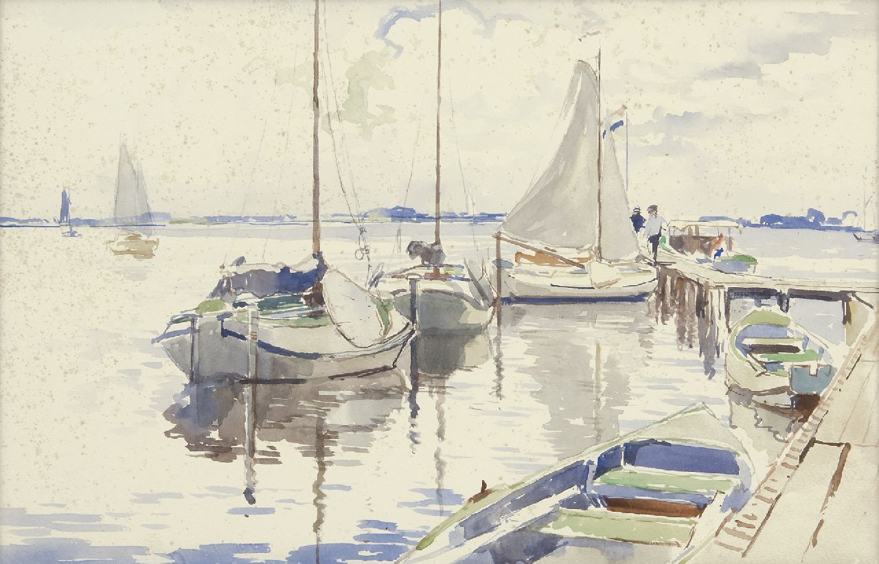 Vreedenburgh C.  | Cornelis Vreedenburgh, Barges at a jetty on the Loosdrechtse Plassen, watercolour on paper 30.5 x 46.8 cm
