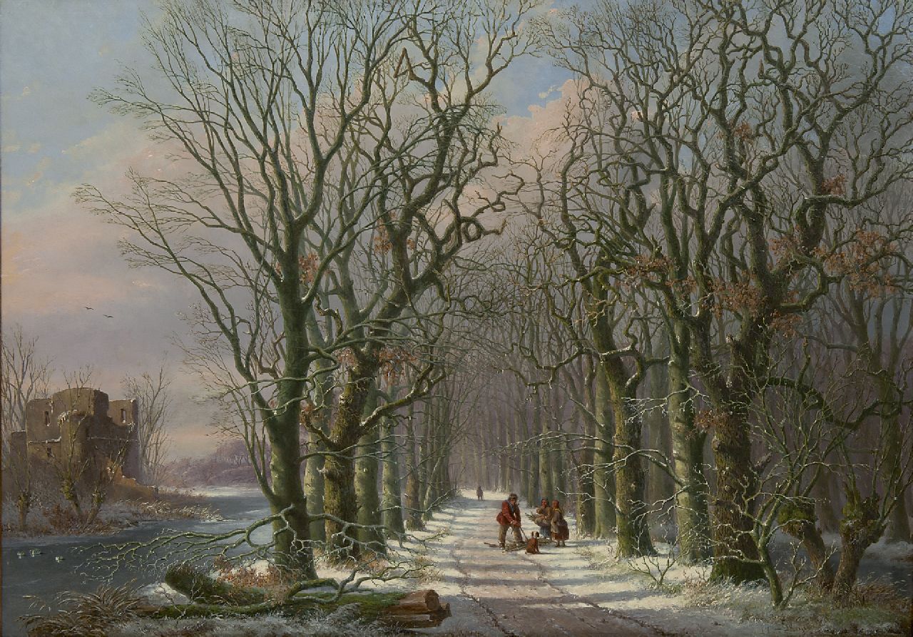 Meijier A.A. de | Anthony Andreas de Meijier, Figures on a country lane in winter, oil on panel 51.7 x 73.4 cm, signed l.r.