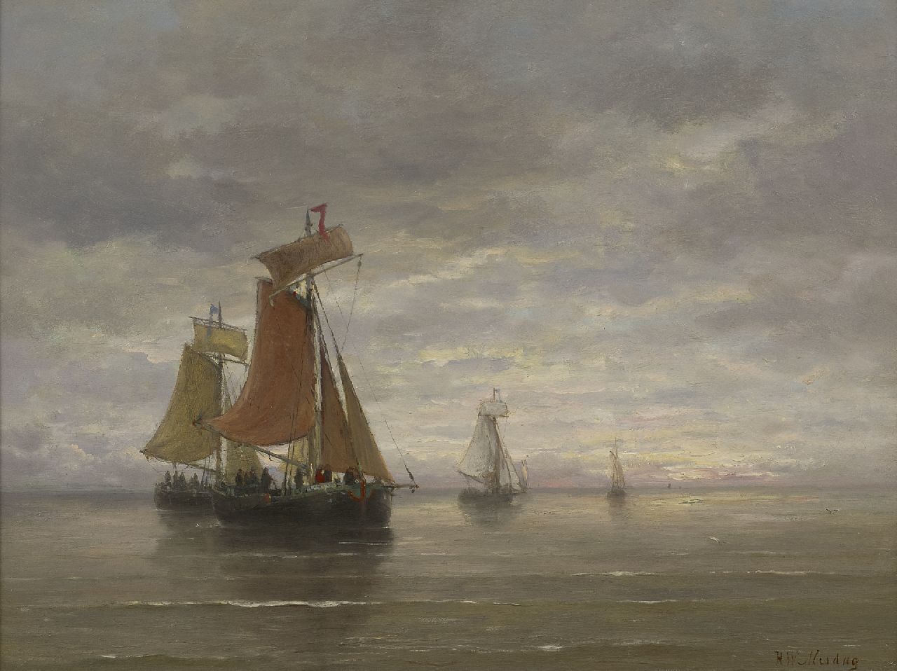 Mesdag H.W.  | Hendrik Willem Mesdag, Fishing ships in a calm, oil on panel 39.5 x 51.0 cm, signed l.r.