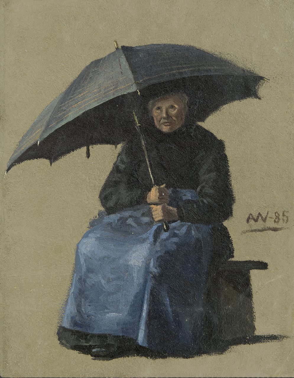 Wengberg A.E.  | 'Anna' Emilia Wengberg, A woman seated under an umbrella, oil on paper laid down on board 33.5 x 26.0 cm, signed c.r. with monogram and dated '85