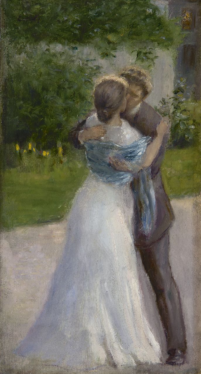 Josef Engelhart | Bride and groom kissing, oil on canvas laid down on panel, 36.3 x 20.0 cm, signed u.l.