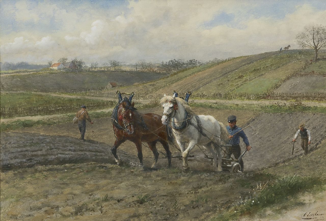 Eerelman O.  | Otto Eerelman, Two horses pulling the plough, near Arnhem, watercolour on paper 47.6 x 69.6 cm, signed l.r. and painted ca. 1902-1907