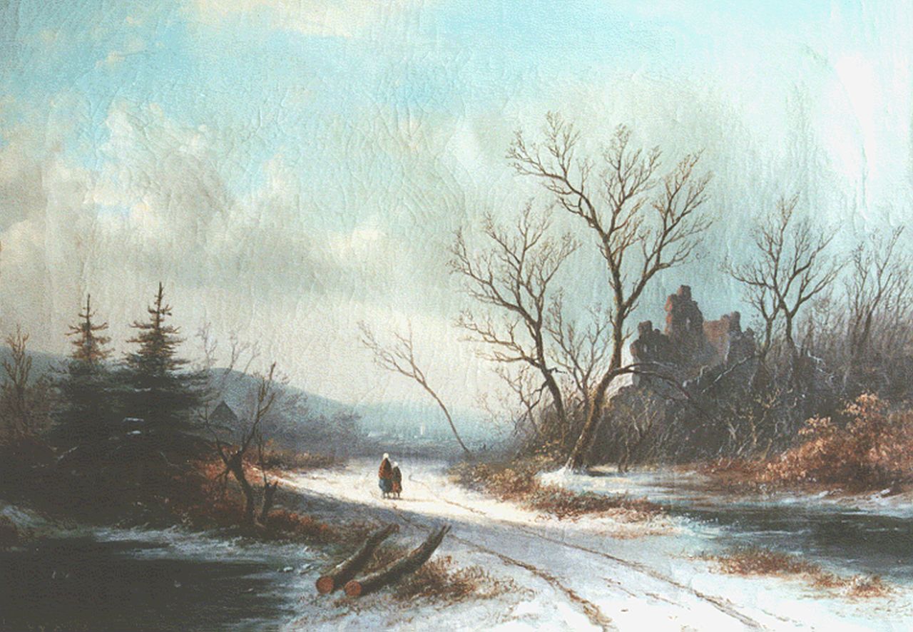 Spohler J.J.  | Jan Jacob Spohler, Travellers on a snow-covered path, oil on canvas 35.0 x 49.5 cm, signed l.l.