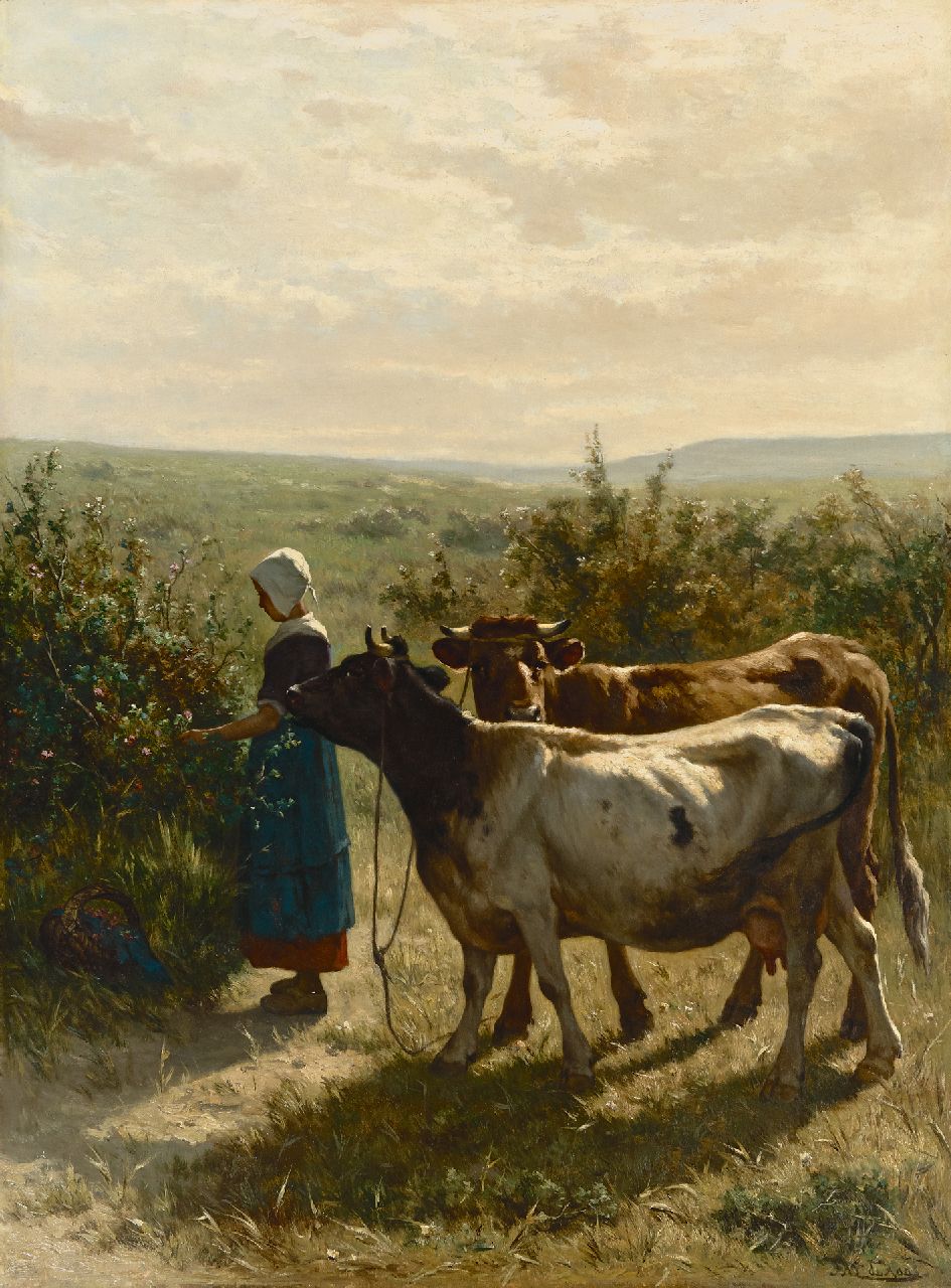 Haas J.H.L. de | Johannes Hubertus Leonardus de Haas, Young shepherdess with her cattle, oil on canvas 88.3 x 66.6 cm, signed l.r.