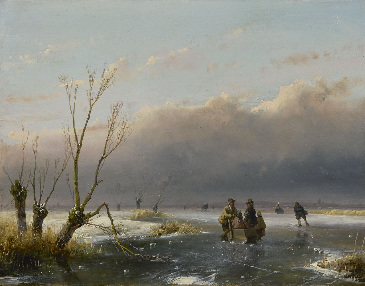 Schelfhout A.  | Andreas Schelfhout, Skaters in an extensive winter landscape, oil on panel 21.1 x 26.9 cm, signed l.r. and dated '46