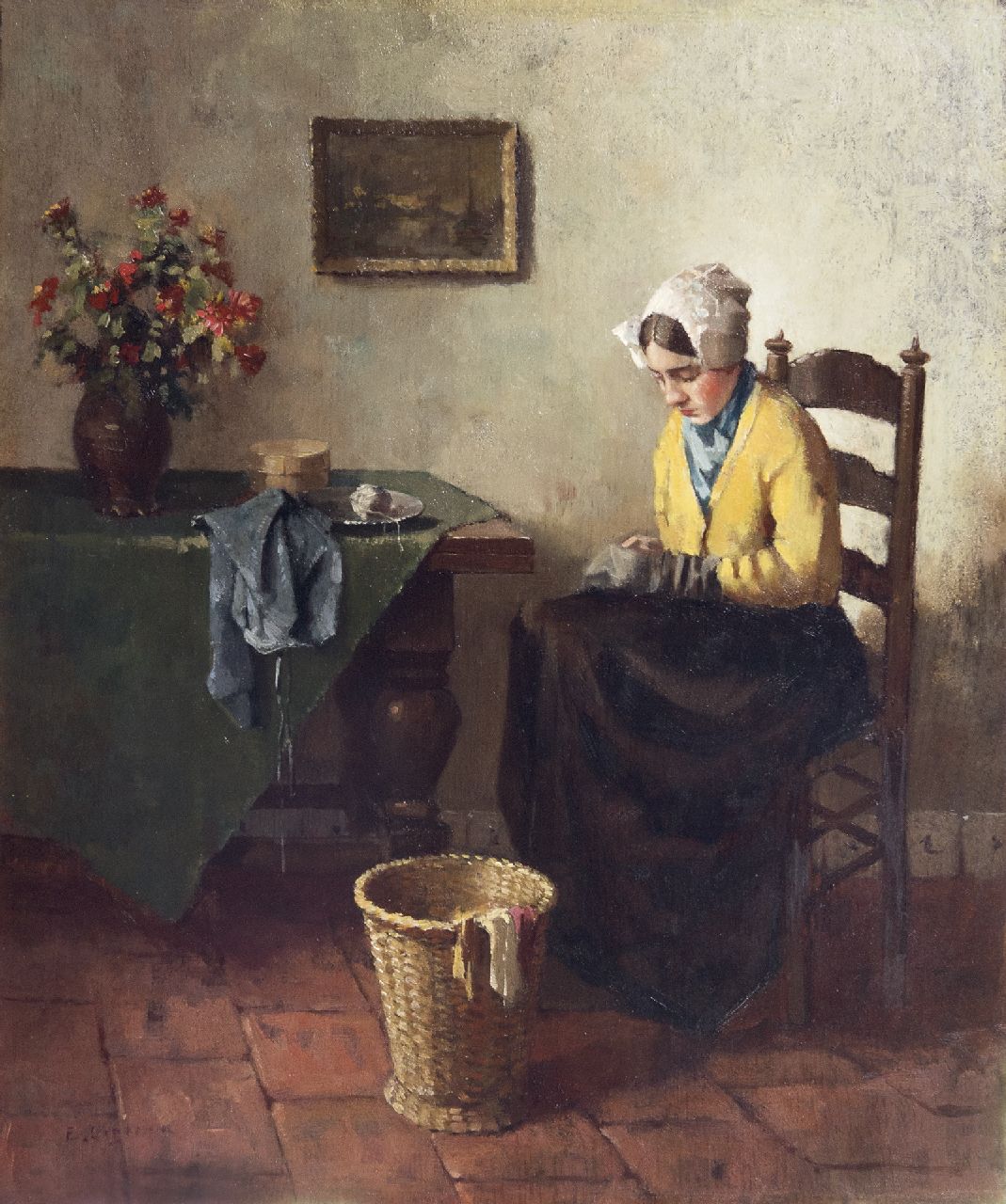 Ligtelijn E.J.  | Evert Jan Ligtelijn, Quietly mending, oil on panel 35.0 x 29.3 cm, signed l.l.