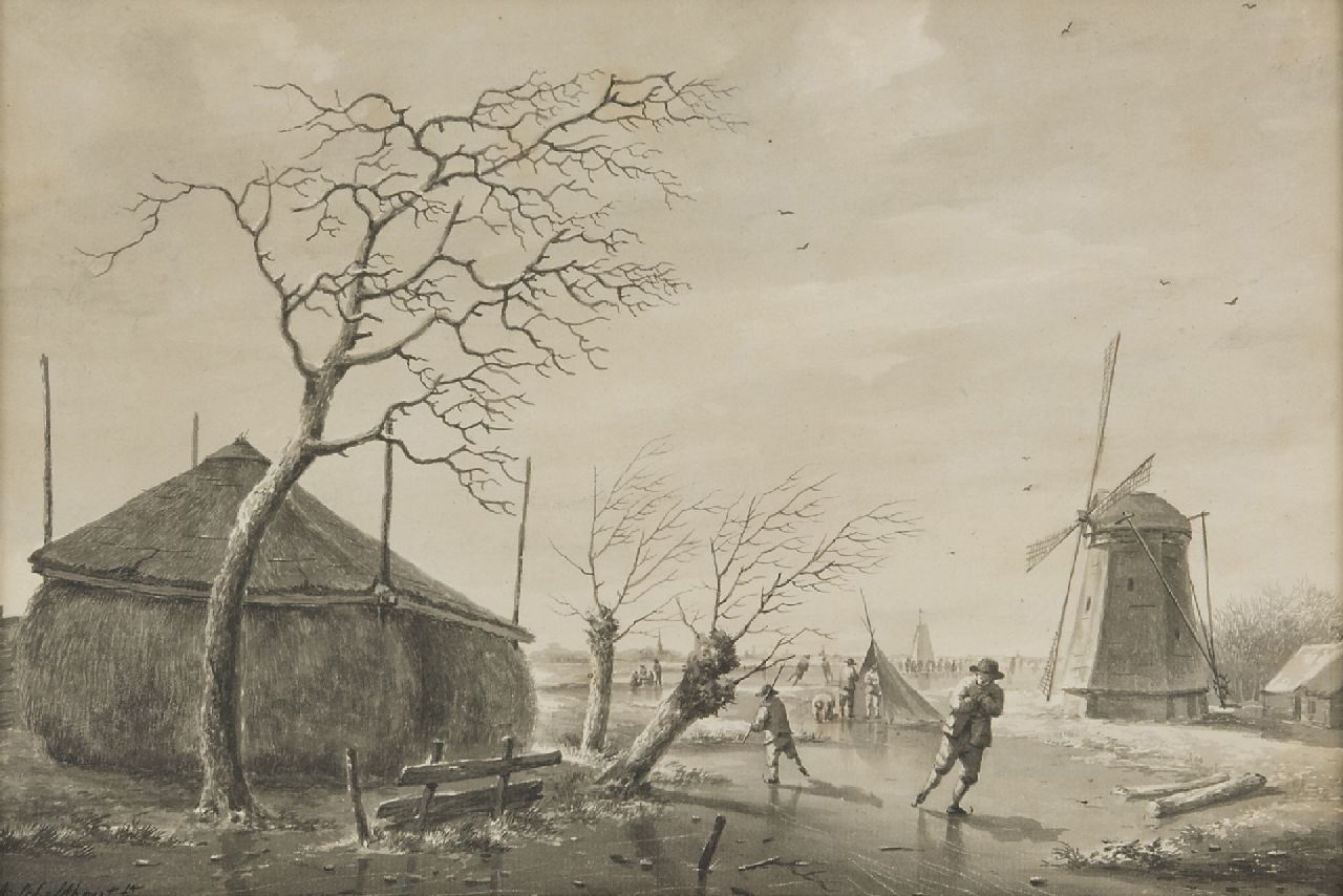 Schelfhout A.  | Andreas Schelfhout, Skaters on a frozen canal, pen, brush and ink on paper 26.1 x 38.0 cm, signed l.l. and painted ca. 1805-1850