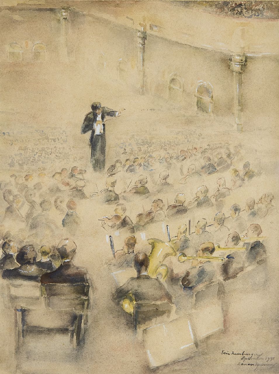 Neuburger E.  | Eliazer 'Elie' Neuburger, In the Concerthall, Amsterdam, watercolour on paper 40.0 x 30.0 cm, signed l.r. and dated September 1941