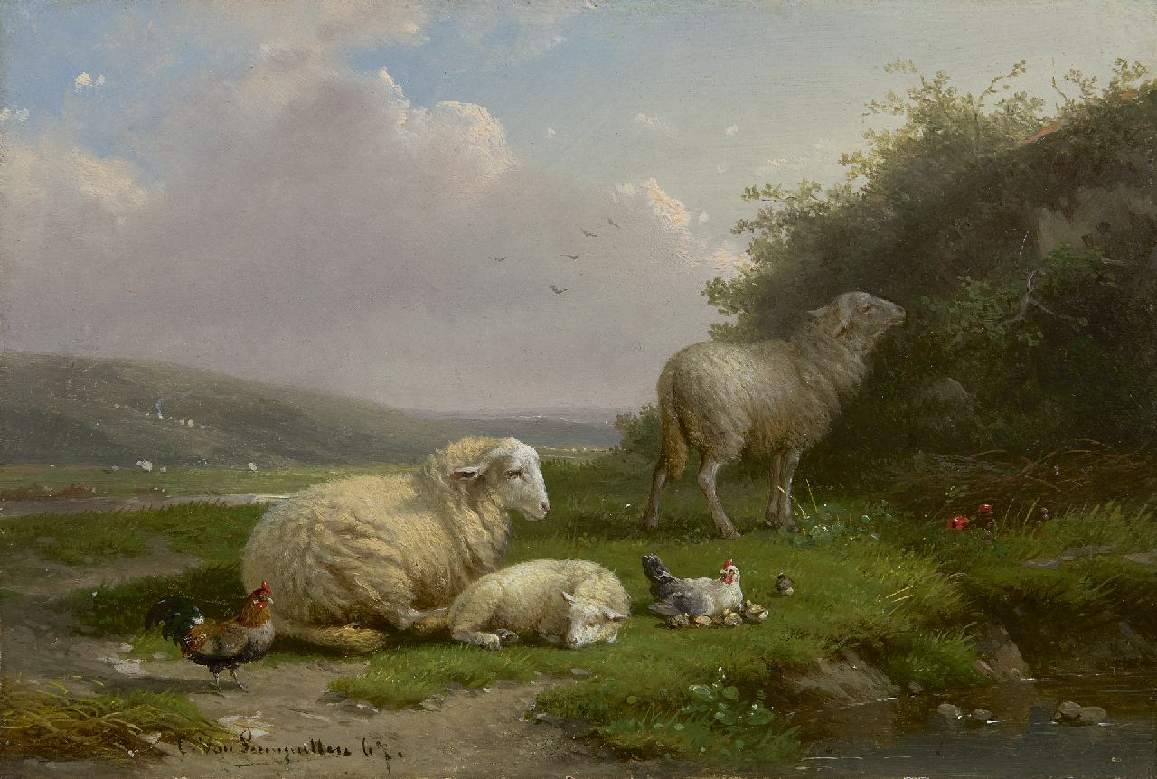Leemputten C. van | Cornelis van Leemputten, Sheep and chickens on a pond, oil on panel 16.6 x 24.1 cm, signed l.l. and dated '67