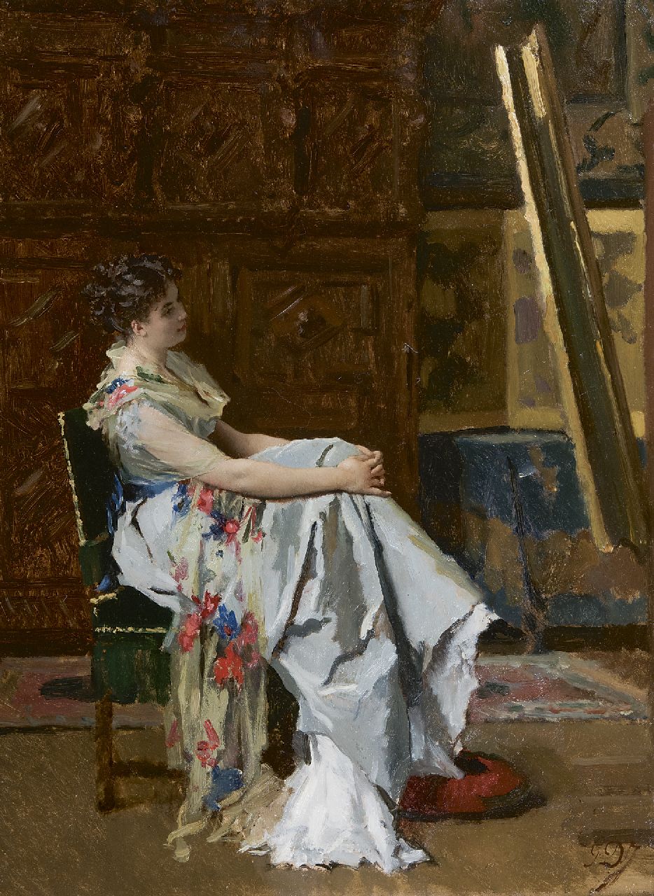Jonghe G.L. De | 'Gustave' Léonard De Jonghe, Admiring the painting, oil on panel 49.9 x 36.9 cm, signed l.r. with initials