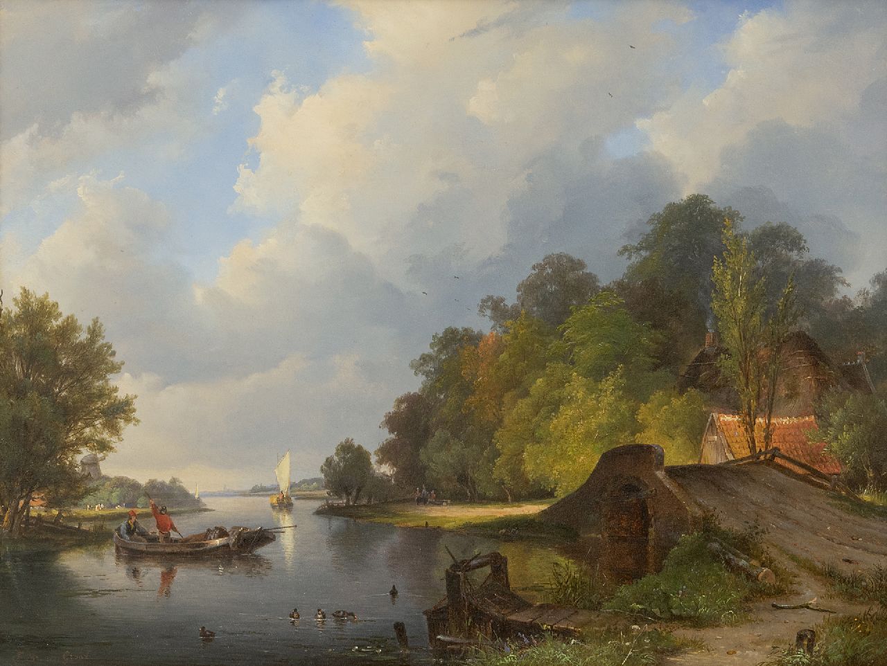 Breuhaus de Groot F.  | Frans Breuhaus de Groot, A summer day along the river, oil on panel 33.5 x 44.3 cm, signed l.l.