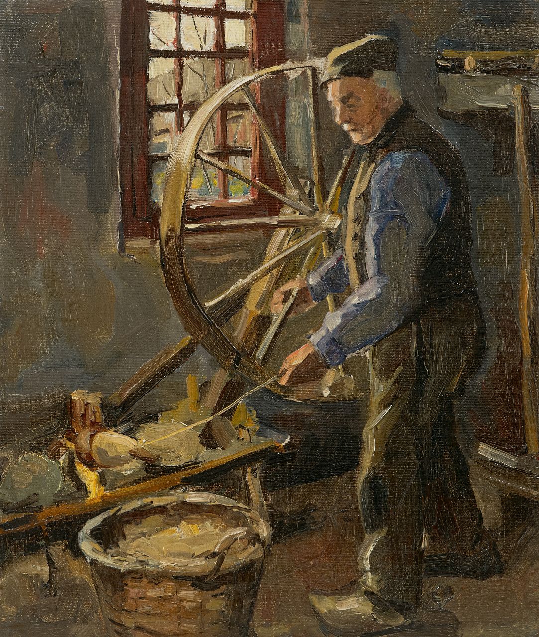 Mondriaan P.C.  | Pieter Cornelis 'Piet' Mondriaan, Wool spinning farmer, oil on canvas 34.0 x 28.0 cm, painted ca. 1893-97