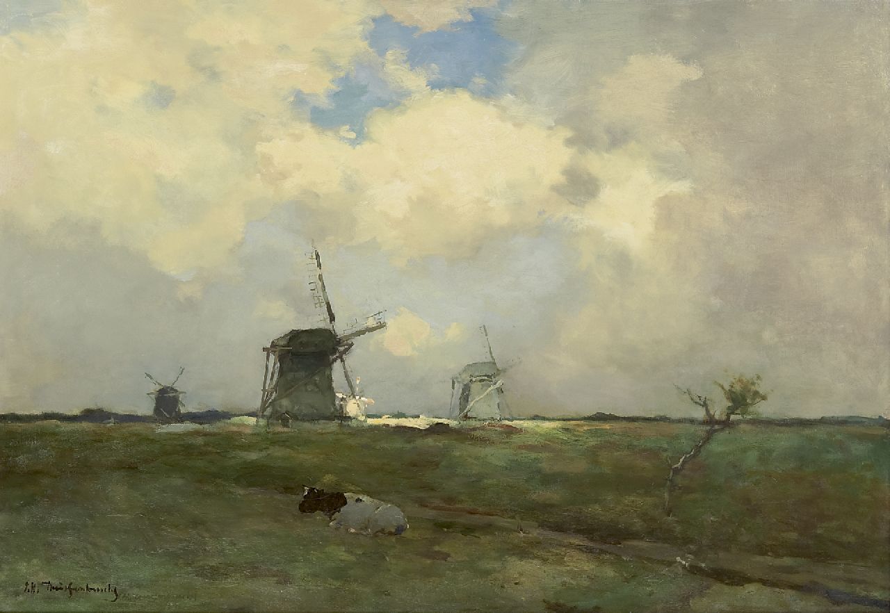 Weissenbruch H.J.  | Hendrik Johannes 'J.H.' Weissenbruch, Windmills in a polder landscape, oil on canvas 57.2 x 83.3 cm, signed l.l.