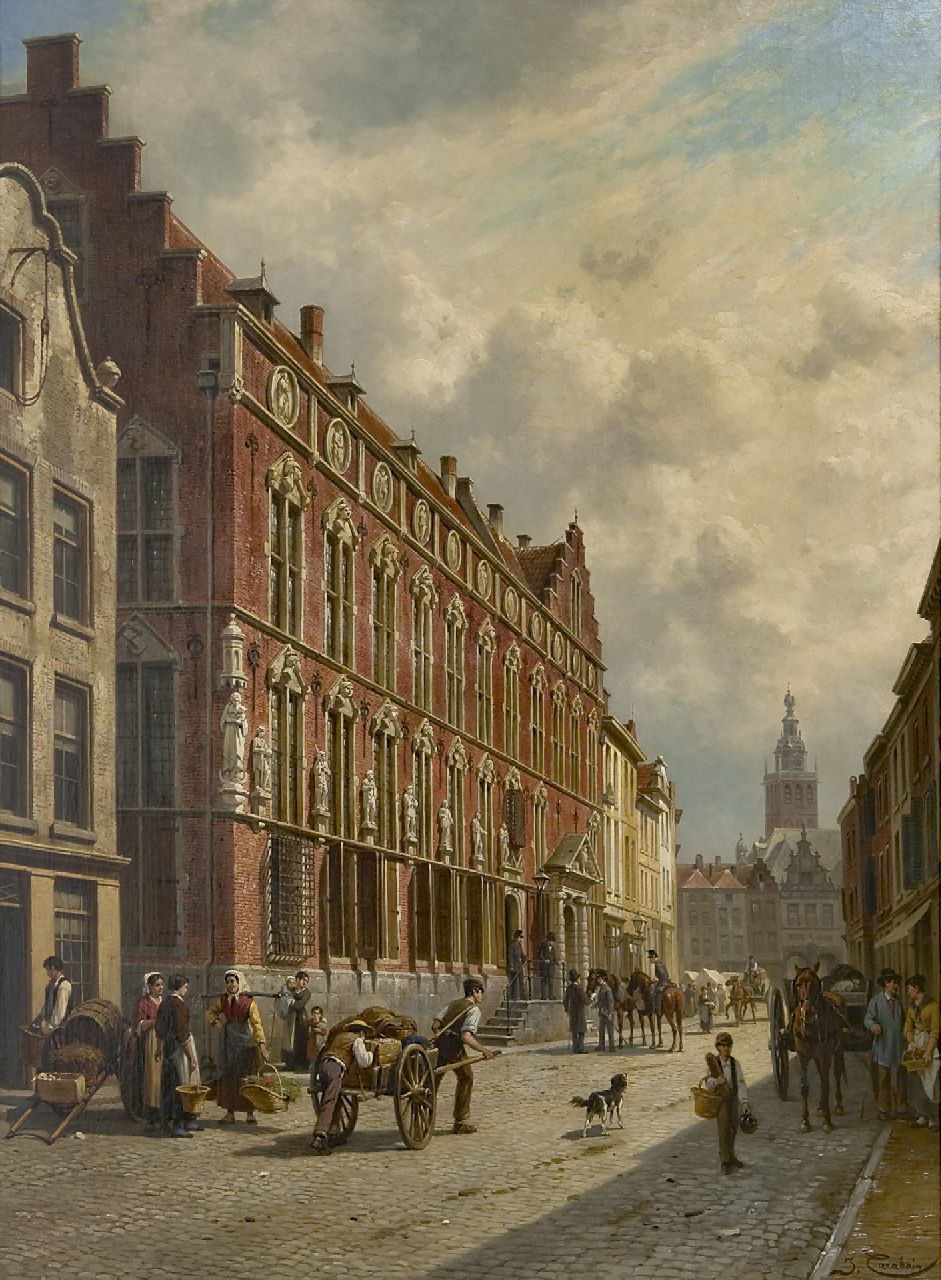 Carabain J.F.J.  | 'Jacques' François Joseph Carabain, A view of the town hall of Nijmegen, oil on canvas 106.0 x 77.3 cm, signed l.r. and dated on a label on the stretcher 1885