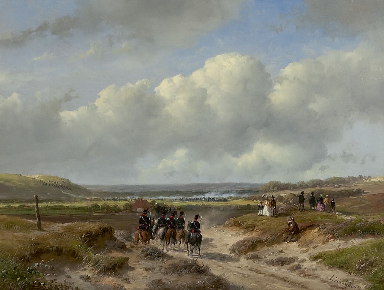 Schelfhout A.  | Andreas Schelfhout, The Hague garrison at the Waalsdorpervlakte, oil on panel 22.1 x 29.2 cm, signed l.r. and painted ca. 1862