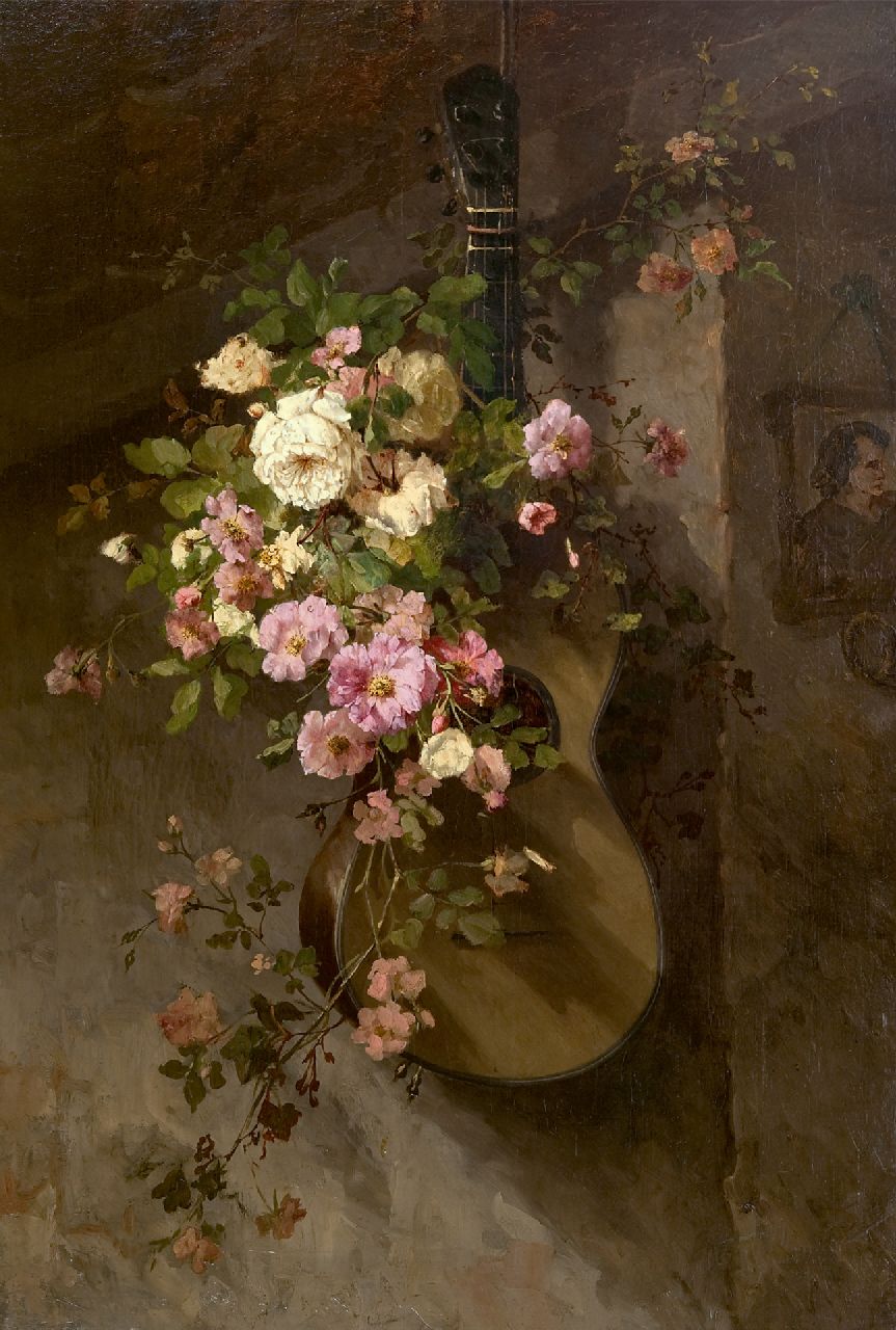 Roosenboom M.C.J.W.H.  | 'Margaretha' Cornelia Johanna Wilhelmina Henriëtta Roosenboom | Paintings offered for sale | Roses on a Spanish guitar, oil on canvas 110.8 x 75.9 cm