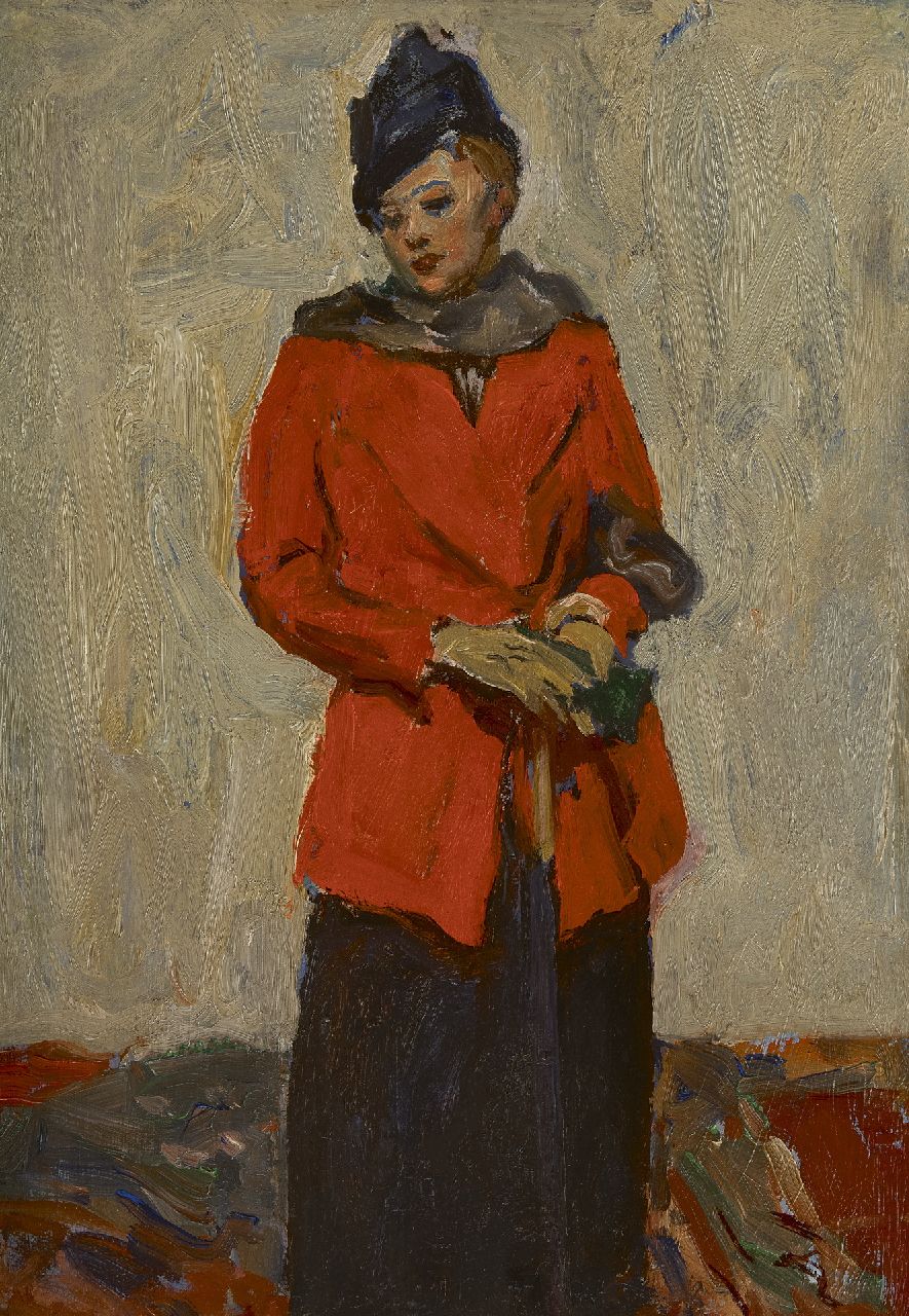 Baseleer R.  | Richard Baseleer, Lady in a red coat, oil on panel 33.5 x 24.6 cm, signed on the reverse and dated on the reverse 'Venise' 1913