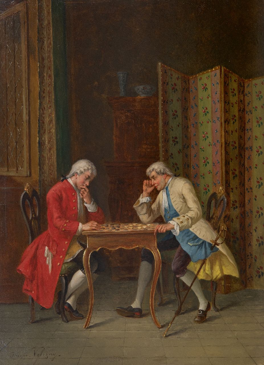 Jacques Velizay | Game of draughts, oil on panel, 54.0 x 39.7 cm, signed l.r. and without frame