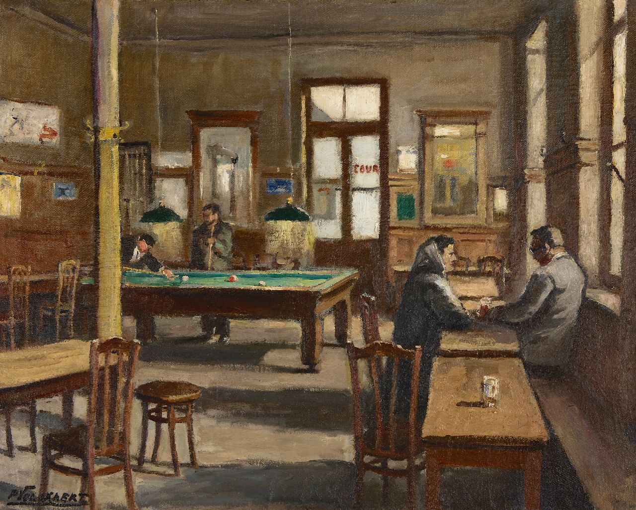 Volckaert P.  | Piet Volckaert | Paintings offered for sale | The billiard room of café Le Lievekenshoek in Brussels, oil on canvas 80.5 x 100.7 cm, signed l.l. and on the reverse