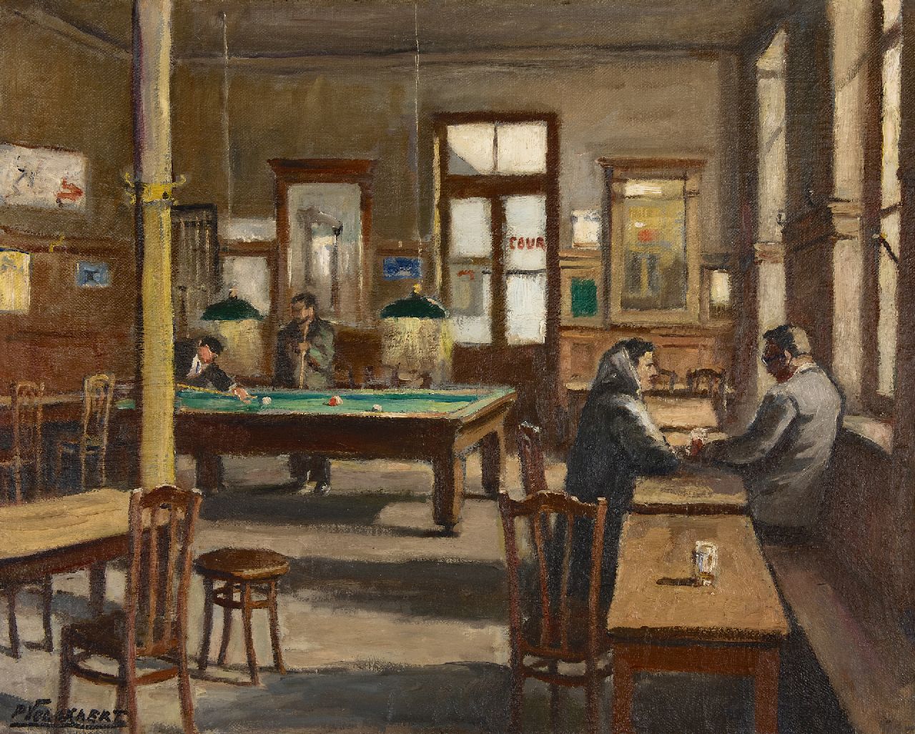 Piet Volckaert | The billiard room of café Le Lievekenshoek in Brussels, oil on canvas, 80.5 x 100.7 cm, signed l.l. and on the reverse