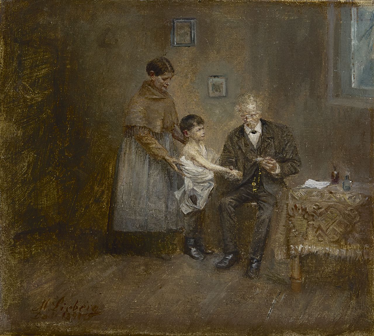 Lieberg M.  | Max Lieberg, At the doctor's, oil on canvas 13.5 x 15.0 cm, signed l.l. and 'Düs' 1891