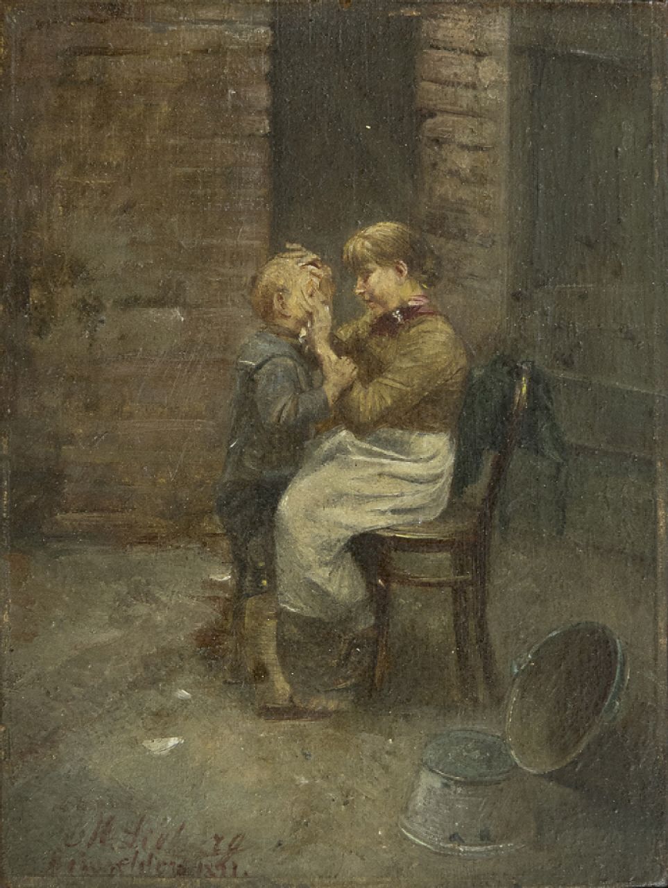Lieberg M.  | Max Lieberg, Mother's care, oil on panel 12.0 x 9.0 cm, signed l.l. and 'Düsseldorf' 1891