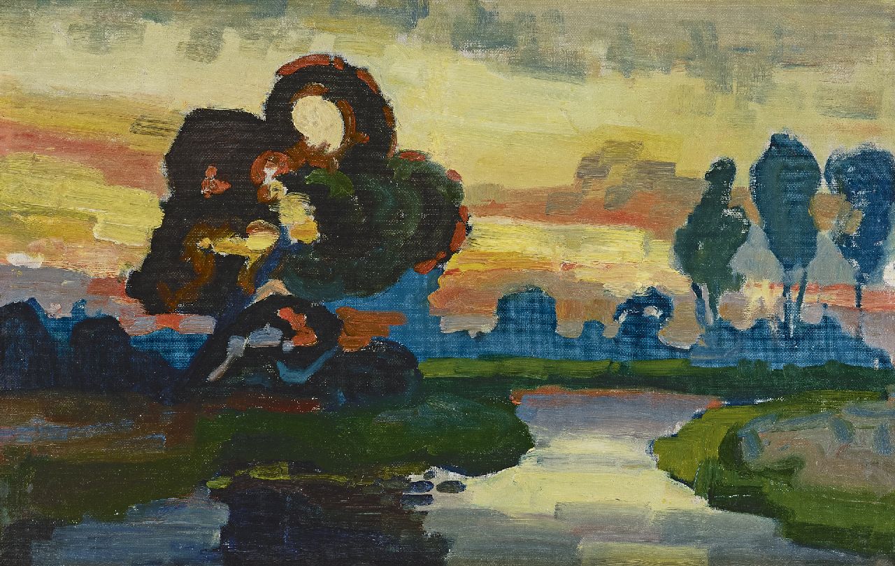 Lanooy C.J.  | Christiaan Johannes 'Chris' Lanooy, A river landscape at sunset, oil on canvas laid down on panel 31.4 x 49.3 cm