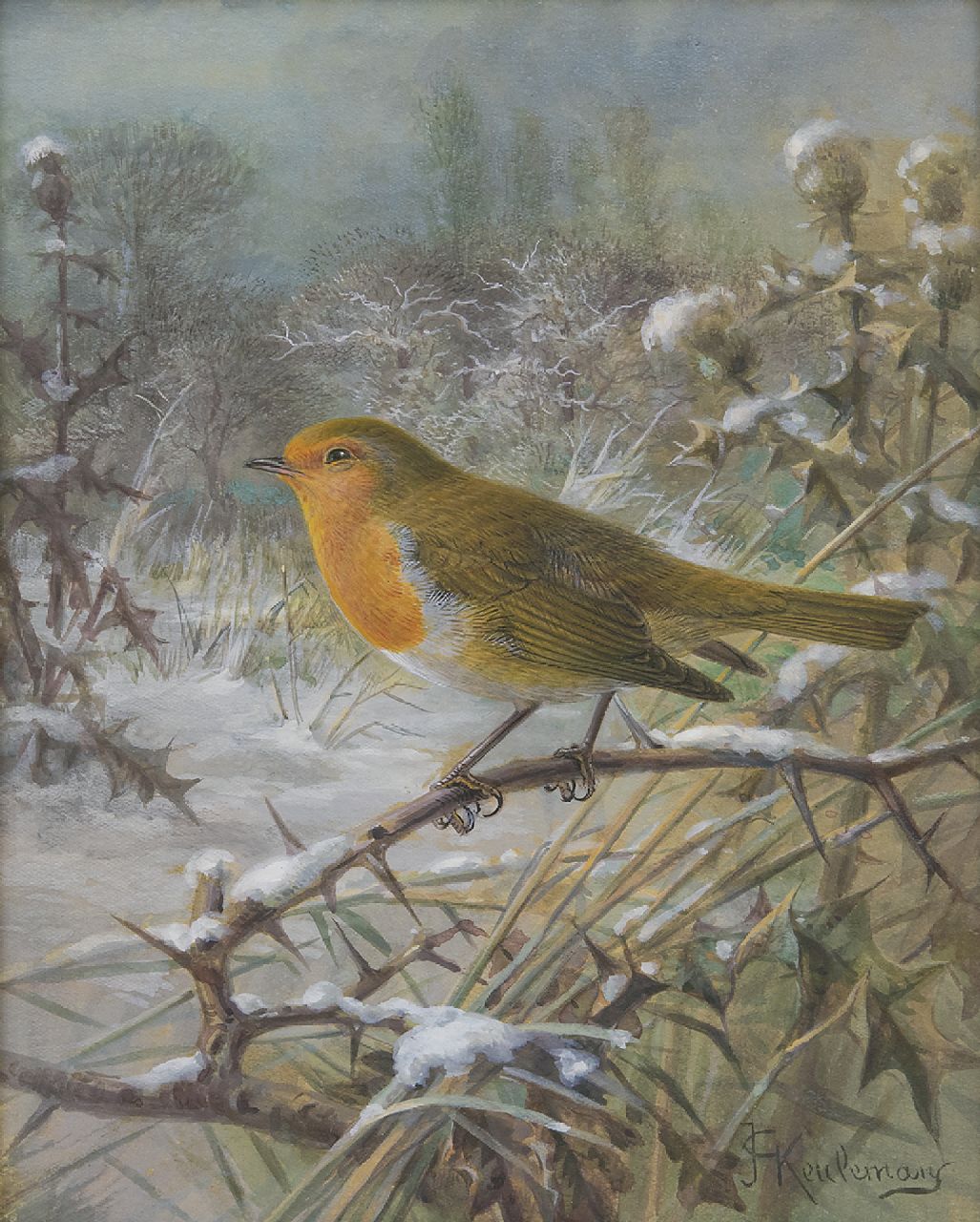 Keulemans J.G.  | Johannes Gerardus Keulemans, A robin in a snowy landscape, gouache on paper 21.5 x 17.0 cm, signed l.r.