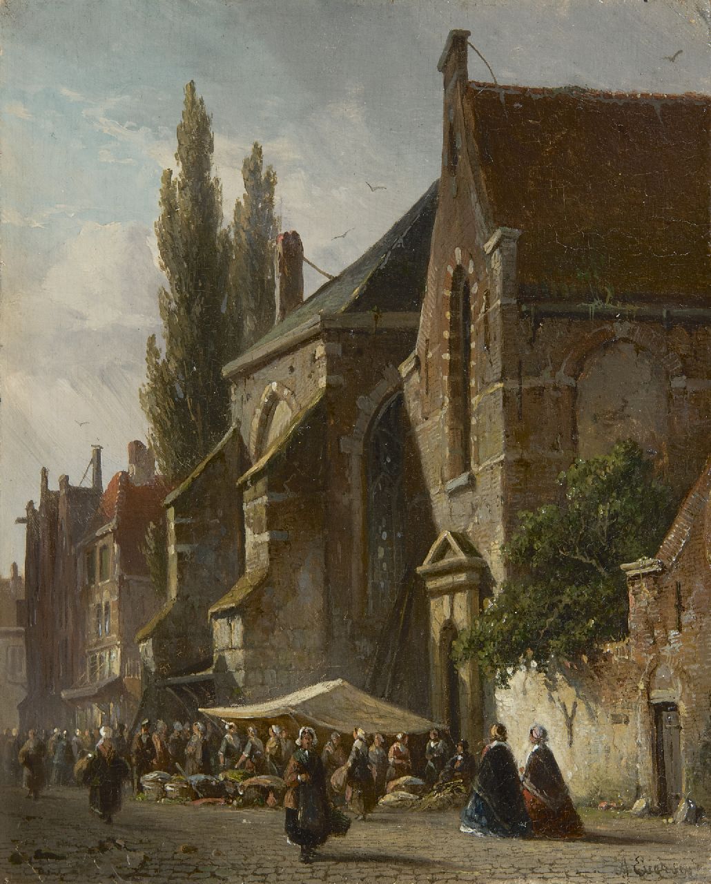 Eversen A.  | Adrianus Eversen | Paintings offered for sale | Market day at the church, oil on panel 19.0 x 15.3 cm, signed l.r.
