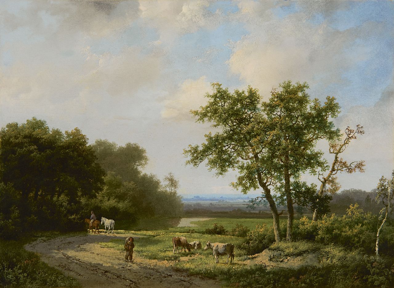 Koekkoek I M.A.  | Marinus Adrianus Koekkoek I, Travellers and cattle on a country road, oil on panel 26.5 x 35.9 cm, signed l.l.