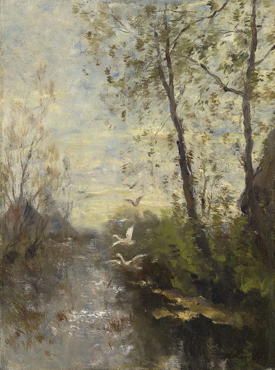 Maris W.  | Willem Maris, Willows and ducks flying up, oil on canvas 40.3 x 29.9 cm, signed l.r. and painted ca. 1890-1900