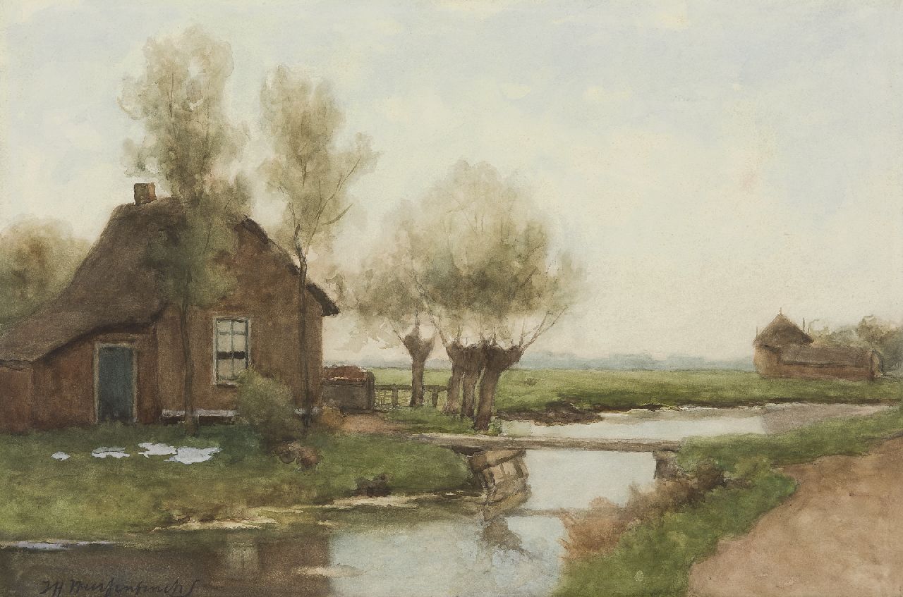 Weissenbruch H.J.  | Hendrik Johannes 'J.H.' Weissenbruch, A farm in a polder landscape, watercolour on paper 34.8 x 52.6 cm, signed l.l.