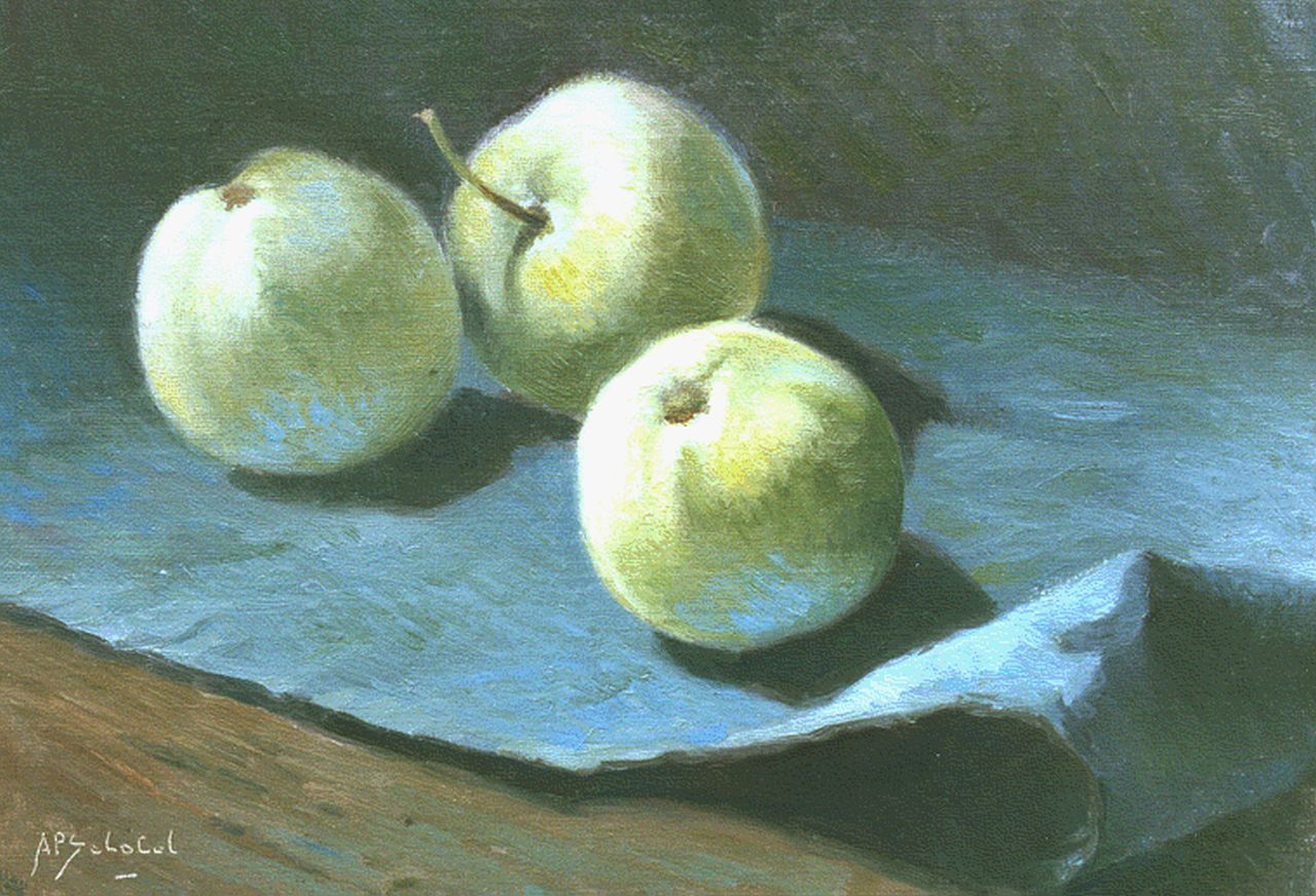 Schotel A.P.  | Anthonie Pieter Schotel, Three apples, oil on canvas laid down on panel 21.8 x 30.3 cm, signed l.l.