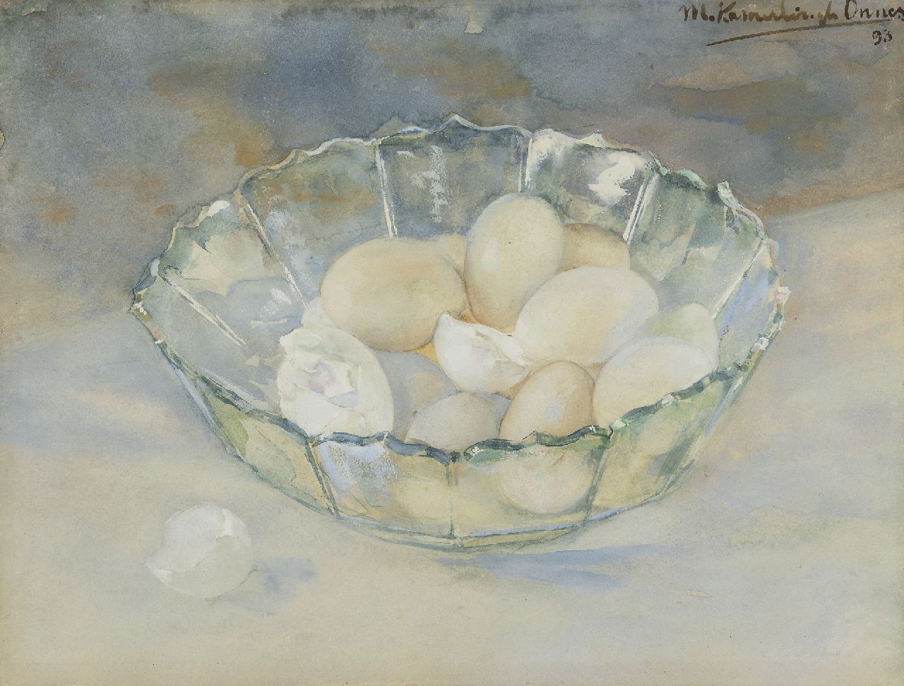 Kamerlingh Onnes M.  | Menso Kamerlingh Onnes, Eggs in a crystal bowl, watercolour on paper 29.8 x 39.1 cm, signed u.r. and dated '93