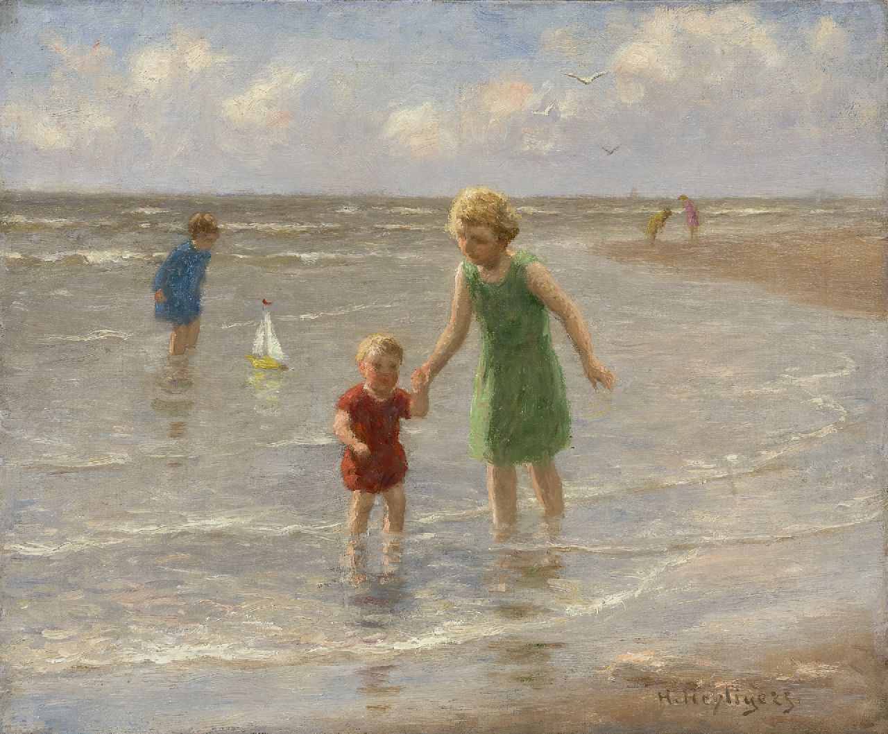 Heijligers H.  | Hendrik 'Henri' Heijligers, Children paddling along the beach, oil on canvas 38.1 x 46.0 cm, signed l.r.