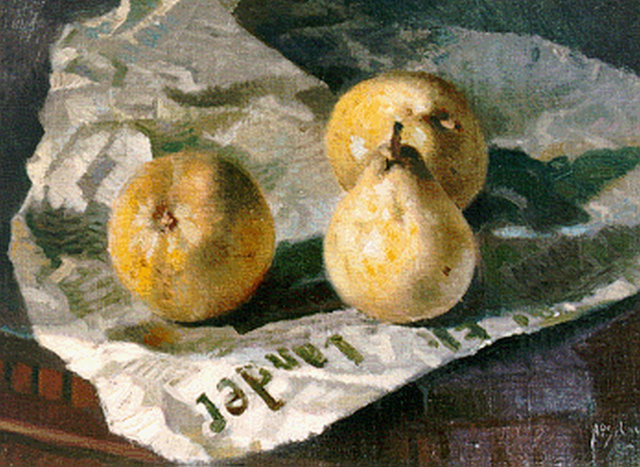 Schotel A.P.  | Anthonie Pieter Schotel, Still life with pears, oil on canvas laid down on panel 31.4 x 40.3 cm, signed l.r.