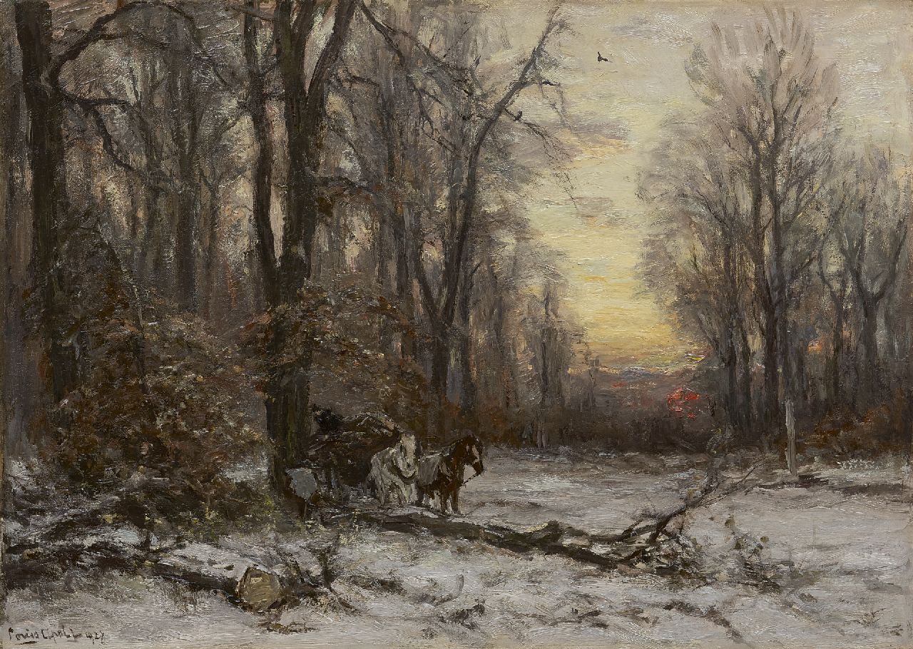 Apol L.F.H.  | Lodewijk Franciscus Hendrik 'Louis' Apol, A forest in winter with a horse drawn cart, oil on canvas 50.4 x 70.5 cm, signed l.l. and dated 1927