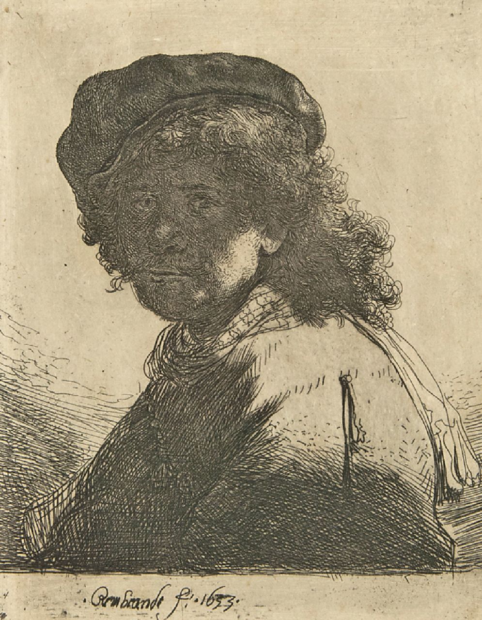 Rembrandt (Rembrandt Harmensz. van Rijn)   | Rembrandt (Rembrandt Harmensz. van Rijn), Self-portrait in a velvet cap and scarf, etching on paper 13.2 x 10.3 cm, signed l.c. in the plate and dated 1633 in the plate