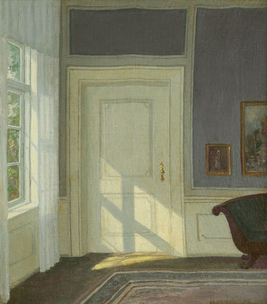 Henriksen W.  | William Henriksen, Sunlit interior, oil on canvas 33.7 x 30.1 cm, signed l.r.