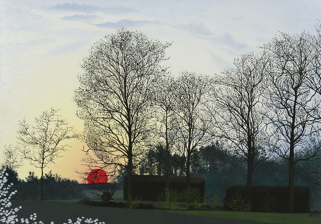 Goubitz A.  | 'Ali' Alida Goubitz, The Buissche Heide at sunset, oil on panel 50.0 x 70.0 cm, signed l.r. and dated '66