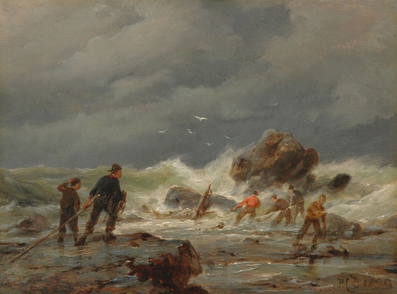Dommershuijzen P.C.  | Pieter Cornelis Dommershuijzen, Salvaging a wreck, oil on panel 15.2 x 20.2 cm, signed l.r. with initials and dated 1895