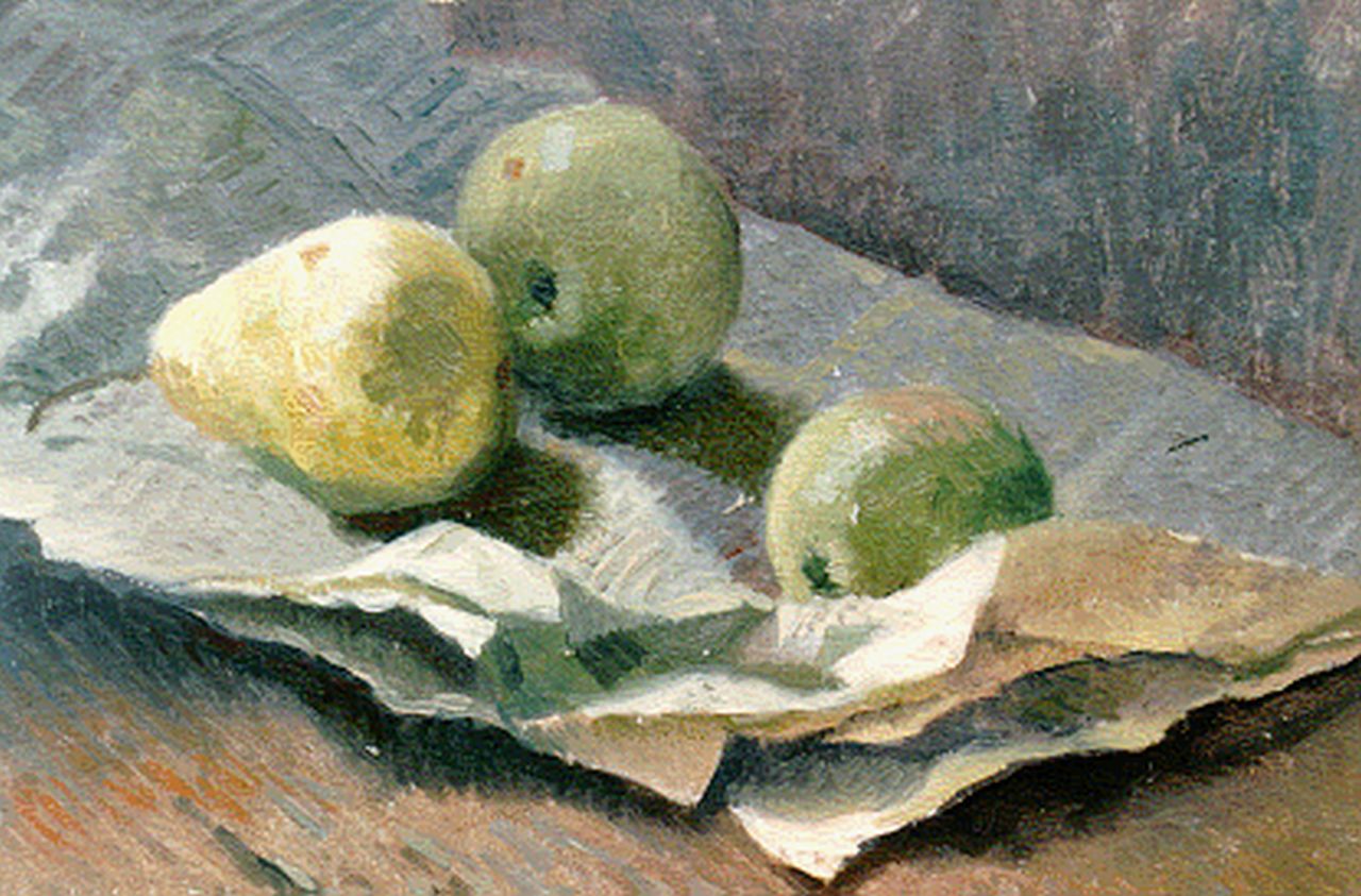 Schotel A.P.  | Anthonie Pieter Schotel, Still life of two apples and a pear, oil on canvas laid down on panel 23.4 x 32.8 cm, signed l.l.